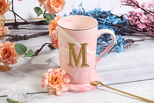 WENSSY Ceramic Marble Mug, 14 oz, Pink-M, Personalized Initial Mug, Women's Gift, Bridal Shower, Daily Use