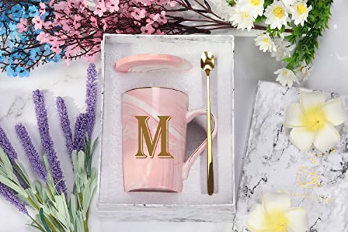 WENSSY Ceramic Marble Mug, 14 oz, Pink-M, Personalized Initial Mug, Women's Gift, Bridal Shower, Daily Use
