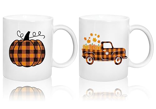 Whaline 2Pcs Pumpkin Truck Mug Set 12oz Buffalo Plaid Fall Coffee Mug Ceramic Couple Cups Autumn Harvest Party Cups for Thanksgiving Home School Office Table Centerpieces