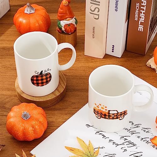 Whaline 2Pcs Pumpkin Truck Mug Set 12oz Buffalo Plaid Fall Coffee Mug Ceramic Couple Cups Autumn Harvest Party Cups for Thanksgiving Home School Office Table Centerpieces