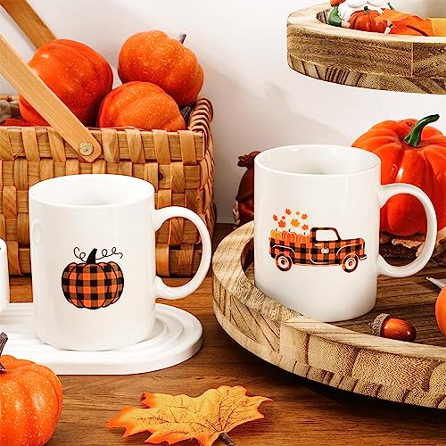 Whaline 2Pcs Pumpkin Truck Mug Set 12oz Buffalo Plaid Fall Coffee Mug Ceramic Couple Cups Autumn Harvest Party Cups for Thanksgiving Home School Office Table Centerpieces