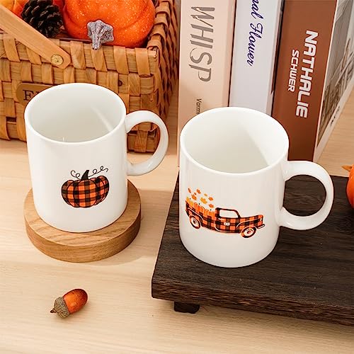 Whaline 2Pcs Pumpkin Truck Mug Set 12oz Buffalo Plaid Fall Coffee Mug Ceramic Couple Cups Autumn Harvest Party Cups for Thanksgiving Home School Office Table Centerpieces