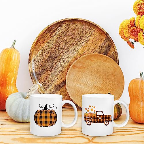 Whaline 2Pcs Pumpkin Truck Mug Set 12oz Buffalo Plaid Fall Coffee Mug Ceramic Couple Cups Autumn Harvest Party Cups for Thanksgiving Home School Office Table Centerpieces