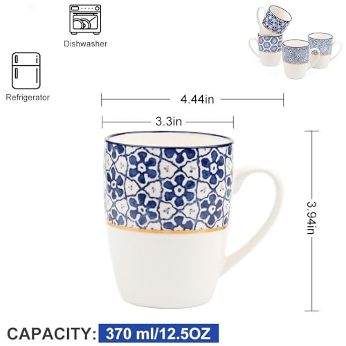 MACHUMA Set of 4 12.5OZ/370ML Coffee Mugs with Blue and White Patterns, Ceramic Tea Cup Set, Gift for Friends