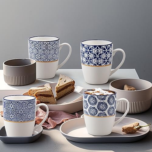 MACHUMA Set of 4 12.5OZ/370ML Coffee Mugs with Blue and White Patterns, Ceramic Tea Cup Set, Gift for Friends