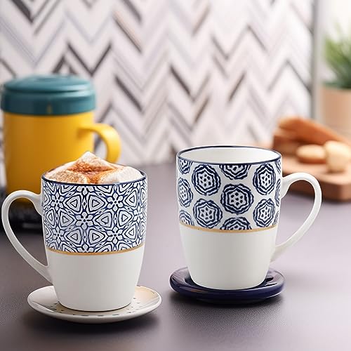 MACHUMA Set of 4 12.5OZ/370ML Coffee Mugs with Blue and White Patterns, Ceramic Tea Cup Set, Gift for Friends