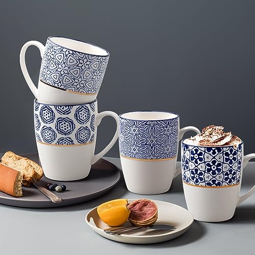 MACHUMA Set of 4 12.5OZ/370ML Coffee Mugs with Blue and White Patterns, Ceramic Tea Cup Set, Gift for Friends