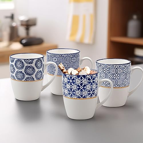 MACHUMA Set of 4 12.5OZ/370ML Coffee Mugs with Blue and White Patterns, Ceramic Tea Cup Set, Gift for Friends