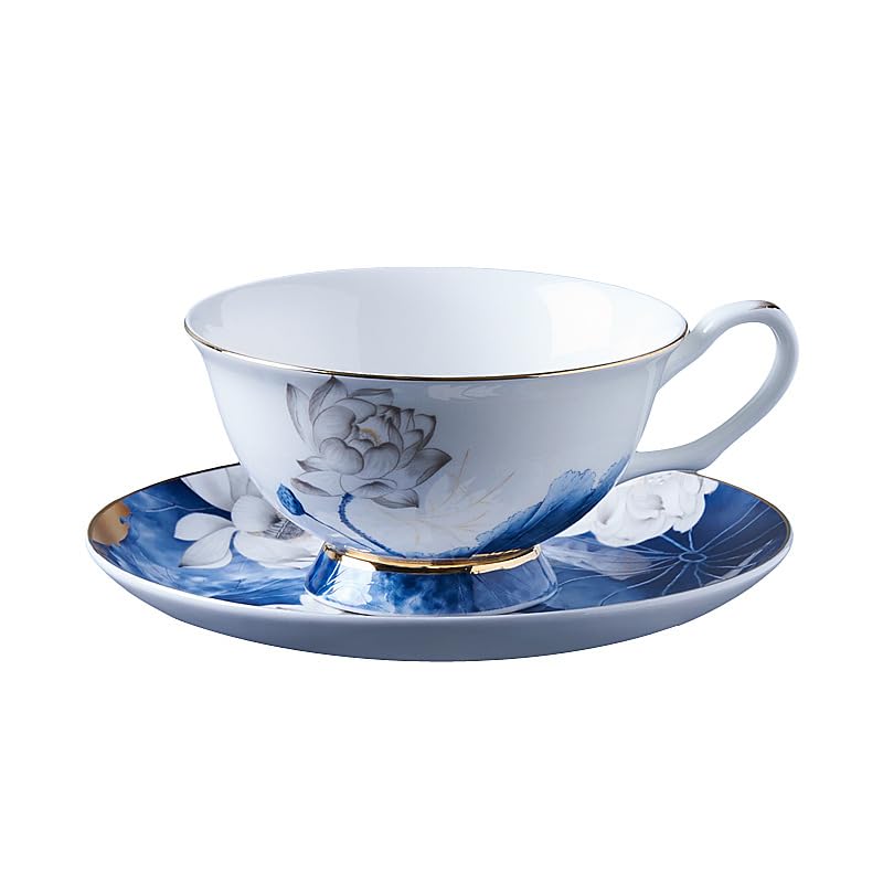 LE POTOCIO Bone China Tea Cup and Saucer Set, Lotus and lotus leaf Bone China Tea Coffee Cup and Saucer Set for 1, Vintage Tea Cups and Saucers for Tea Party or Gift Giving (1, Blue)