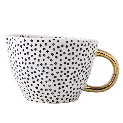 Large Stoneware Coffee Mug Modern Coffee Mugs Tea Cups with Golden Handle Ceramic -White and Black Dotty Pattern
