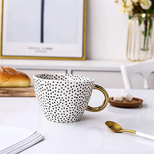 Large Stoneware Coffee Mug Modern Coffee Mugs Tea Cups with Golden Handle Ceramic -White and Black Dotty Pattern