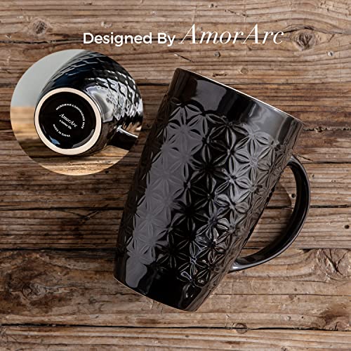 AmorArc Large Coffee Mugs Set of 6, 22oz Ceramic Tall Coffee Mugs Set with Textured Geometric Patterns for Latte/Tea/Beer/Hot Cocoa, Dishwasher & Microwave Safe, Black