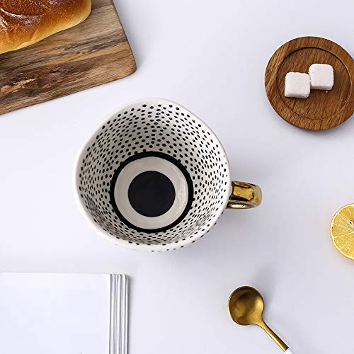 Large Stoneware Coffee Mug Modern Coffee Mugs Tea Cups with Golden Handle Ceramic -White and Black Dotty Pattern