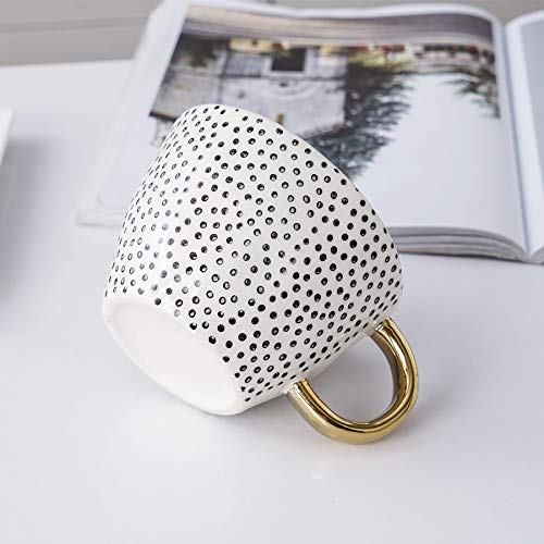 Large Stoneware Coffee Mug Modern Coffee Mugs Tea Cups with Golden Handle Ceramic -White and Black Dotty Pattern