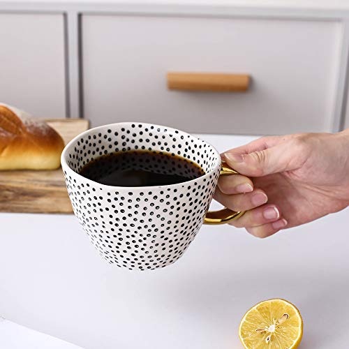 Large Stoneware Coffee Mug Modern Coffee Mugs Tea Cups with Golden Handle Ceramic -White and Black Dotty Pattern