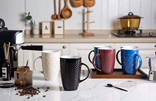 AmorArc Large Coffee Mugs Set of 6, 22oz Ceramic Tall Coffee Mugs Set with Textured Geometric Patterns for Latte/Tea/Beer/Hot Cocoa, Dishwasher & Microwave Safe, Black