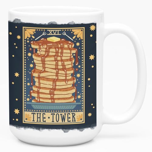 LookHUMAN Tarot Card Ceramic Coffee Mug - The Tower of Pancakes Card Design Cute Coffee Cups, Double-sided Print Cool Coffee Cup, Dishwasher Safe Novelty Coffee Mugs for Women & Men, 15oz