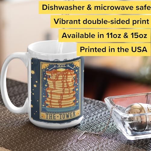 LookHUMAN Tarot Card Ceramic Coffee Mug - The Tower of Pancakes Card Design Cute Coffee Cups, Double-sided Print Cool Coffee Cup, Dishwasher Safe Novelty Coffee Mugs for Women & Men, 15oz