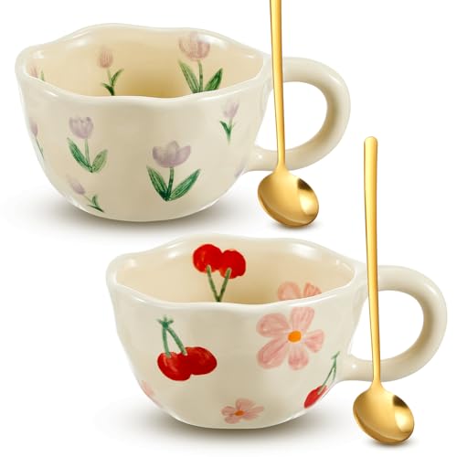 Vesici 2 Pcs Ceramic Coffee Mug Creative Flower Cup Floral Mug with Handles 8.5 oz Cute Aesthetic Tea Porcelain Mug for Office Home, Dishwasher and Microwave Safe (Cute)