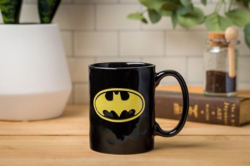 Silver Buffalo Batman Yellow Stripe Logo Wax Resist Pottery Ceramic Mug, 15 Ounces