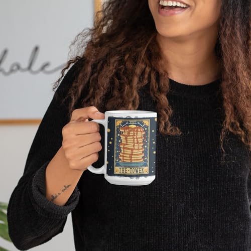 LookHUMAN Tarot Card Ceramic Coffee Mug - The Tower of Pancakes Card Design Cute Coffee Cups, Double-sided Print Cool Coffee Cup, Dishwasher Safe Novelty Coffee Mugs for Women & Men, 15oz