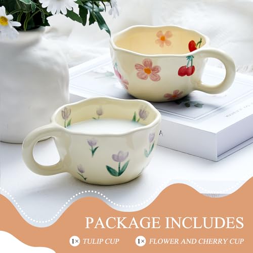 Vesici 2 Pcs Ceramic Coffee Mug Creative Flower Cup Floral Mug with Handles 8.5 oz Cute Aesthetic Tea Porcelain Mug for Office Home, Dishwasher and Microwave Safe (Cute)