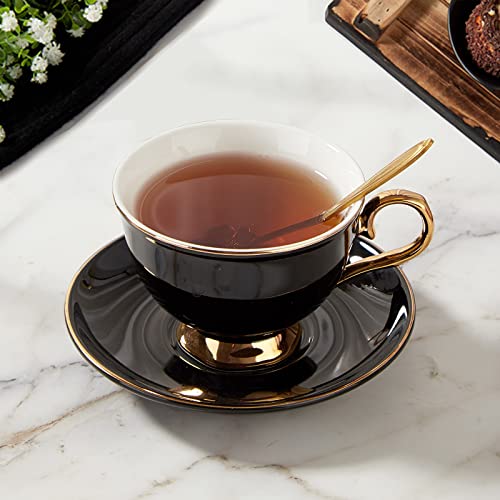 DUJUST 3 pcs Porcelain Tea Cup and Saucer Set with Tea Spoon, Luxury Black British Style Tea/Coffee Cup Set with Golden Trim, Modern Tea Set for Room Decoration & Tea Party - Black