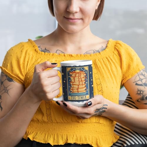 LookHUMAN Tarot Card Ceramic Coffee Mug - The Tower of Pancakes Card Design Cute Coffee Cups, Double-sided Print Cool Coffee Cup, Dishwasher Safe Novelty Coffee Mugs for Women & Men, 15oz