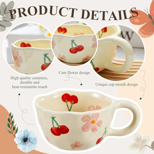 Vesici 2 Pcs Ceramic Coffee Mug Creative Flower Cup Floral Mug with Handles 8.5 oz Cute Aesthetic Tea Porcelain Mug for Office Home, Dishwasher and Microwave Safe (Cute)