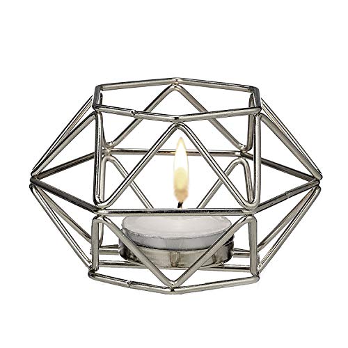FASHIONCRAFT 8251 Silver Hexagon Shaped Geometric Design Tea Light, Votive Candle Holder, Gift Favor, Pack of 1