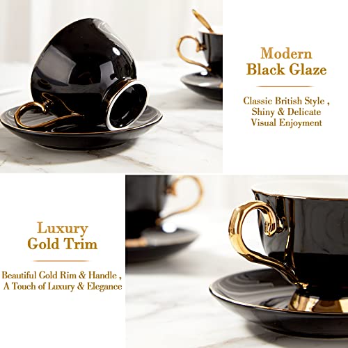 DUJUST 3 pcs Porcelain Tea Cup and Saucer Set with Tea Spoon, Luxury Black British Style Tea/Coffee Cup Set with Golden Trim, Modern Tea Set for Room Decoration & Tea Party - Black