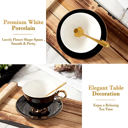 DUJUST 3 pcs Porcelain Tea Cup and Saucer Set with Tea Spoon, Luxury Black British Style Tea/Coffee Cup Set with Golden Trim, Modern Tea Set for Room Decoration & Tea Party - Black