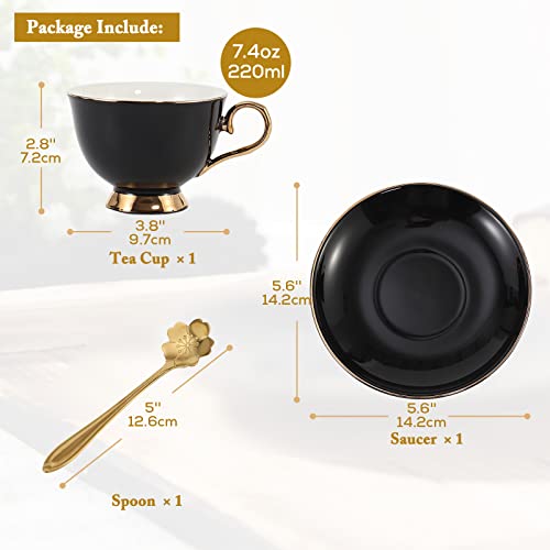 DUJUST 3 pcs Porcelain Tea Cup and Saucer Set with Tea Spoon, Luxury Black British Style Tea/Coffee Cup Set with Golden Trim, Modern Tea Set for Room Decoration & Tea Party - Black
