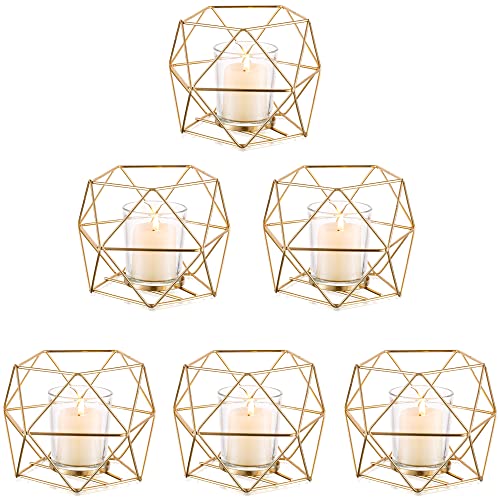 NUPTIO Tea Light Candle Holders - Votive Candle Holder for Tealight & Pillar Candles Geometric Gold Candle Stand for Wedding Table Reception Decor Birthday Party Gifts Home Mantel Centrepieces, 6 Pcs