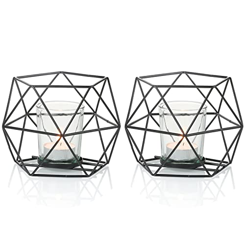 MAINFOR 2 Pcs Black Geometric Tealight Candle Holders with Glass Votive Cups, Wedding Reception Decor for Table Centerpiece, Metal Iron Wire Tea Light Candlestick Holder for Pillar Candles