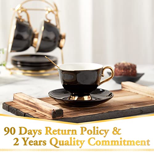 DUJUST 3 pcs Porcelain Tea Cup and Saucer Set with Tea Spoon, Luxury Black British Style Tea/Coffee Cup Set with Golden Trim, Modern Tea Set for Room Decoration & Tea Party - Black