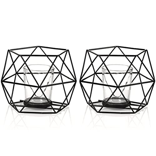 MAINFOR 2 Pcs Black Geometric Tealight Candle Holders with Glass Votive Cups, Wedding Reception Decor for Table Centerpiece, Metal Iron Wire Tea Light Candlestick Holder for Pillar Candles