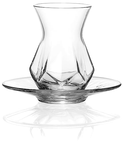 Red Co. Set of 6 Tulip Shaped Geometric Cut Glass 5.5 Fl Oz Turkish Tea Cups with Saucers, Clear