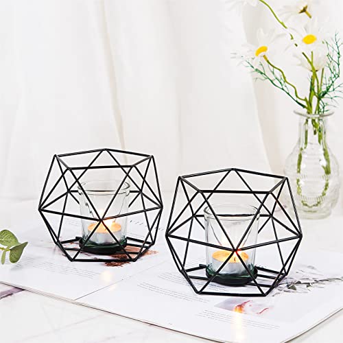 MAINFOR 2 Pcs Black Geometric Tealight Candle Holders with Glass Votive Cups, Wedding Reception Decor for Table Centerpiece, Metal Iron Wire Tea Light Candlestick Holder for Pillar Candles