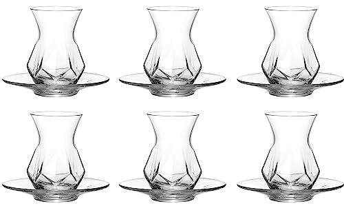Red Co. Set of 6 Tulip Shaped Geometric Cut Glass 5.5 Fl Oz Turkish Tea Cups with Saucers, Clear