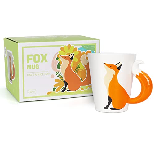 FRYSEFDFV Cute Cartoon Animal Shape Fox Porcelain Coffee Mugs Gifts For Women & Men, 12oz Funny White Ceramic Cups for Latte, Hot Tea, Cappuccino, Mocha, Cocoa