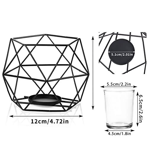 MAINFOR 2 Pcs Black Geometric Tealight Candle Holders with Glass Votive Cups, Wedding Reception Decor for Table Centerpiece, Metal Iron Wire Tea Light Candlestick Holder for Pillar Candles
