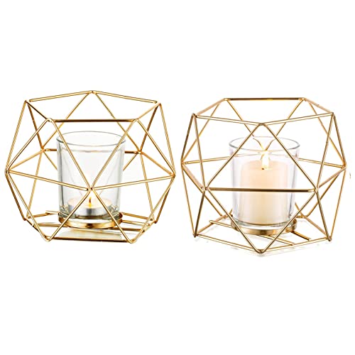 Hewory Geometric Tealight Candle Holders Gold, Modern Metal Geo Wedding Centerpieces for Table, Votive Candle Stand Accent for Tea Light for Home Shelf Mantel Christmas Birthday Party Decor, 2pcs