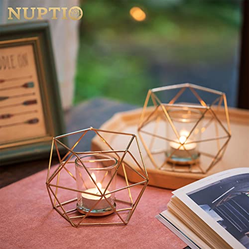 NUPTIO Tea Light Candle Holders - Votive Candle Holder for Tealight & Pillar Candles Geometric Gold Candle Stand for Wedding Table Reception Decor Birthday Party Gifts Home Mantel Centrepieces, 6 Pcs