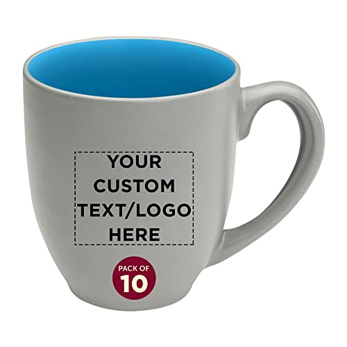 Custom Pop Out Bistro Two Tone Coffee Mugs 16 oz. Set of 10, Personalized Bulk Pack - Perfect for Coffee, Hot Cocoa and other Beverages - Light Blue