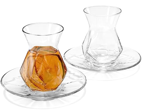 Red Co. Set of 6 Tulip Shaped Geometric Cut Glass 5.5 Fl Oz Turkish Tea Cups with Saucers, Clear