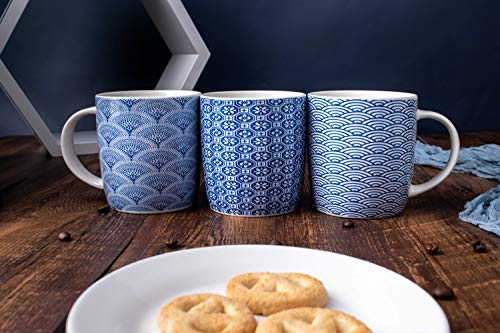 MACHUMA Set of 6 11.5 oz Coffee Mugs with Blue and White Geometric Patterns, Ceramic Tea Cup Set