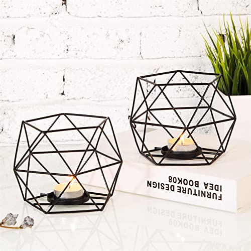MAINFOR 2 Pcs Black Geometric Tealight Candle Holders with Glass Votive Cups, Wedding Reception Decor for Table Centerpiece, Metal Iron Wire Tea Light Candlestick Holder for Pillar Candles