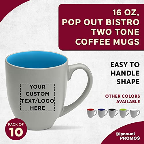 Custom Pop Out Bistro Two Tone Coffee Mugs 16 oz. Set of 10, Personalized Bulk Pack - Perfect for Coffee, Hot Cocoa and other Beverages - Light Blue