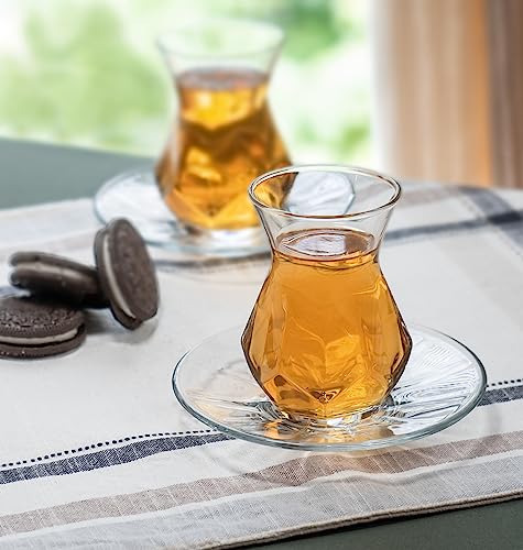 Red Co. Set of 6 Tulip Shaped Geometric Cut Glass 5.5 Fl Oz Turkish Tea Cups with Saucers, Clear